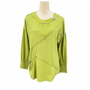 Neon Buddha Sz S Lime Green Deconstructed Seams Crew Neck Button Pullover Top